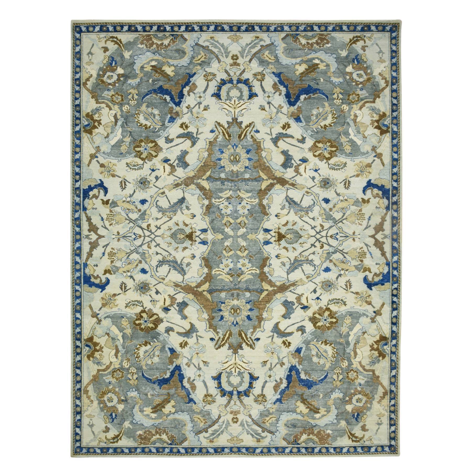 9'2"x12'3" Chiffon White with Brown, Polonaise Czartoryski with Persian Isphahan Inspired Design, Hand Knotted, Zero Pile, 100% Wool, Oriental Rug 